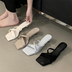 LBSFY -Summer Fashion Narrow Band Square Toe Slippers Women Low Heels Beach Sandals Slide Party Shoes Zapatos De Mujer