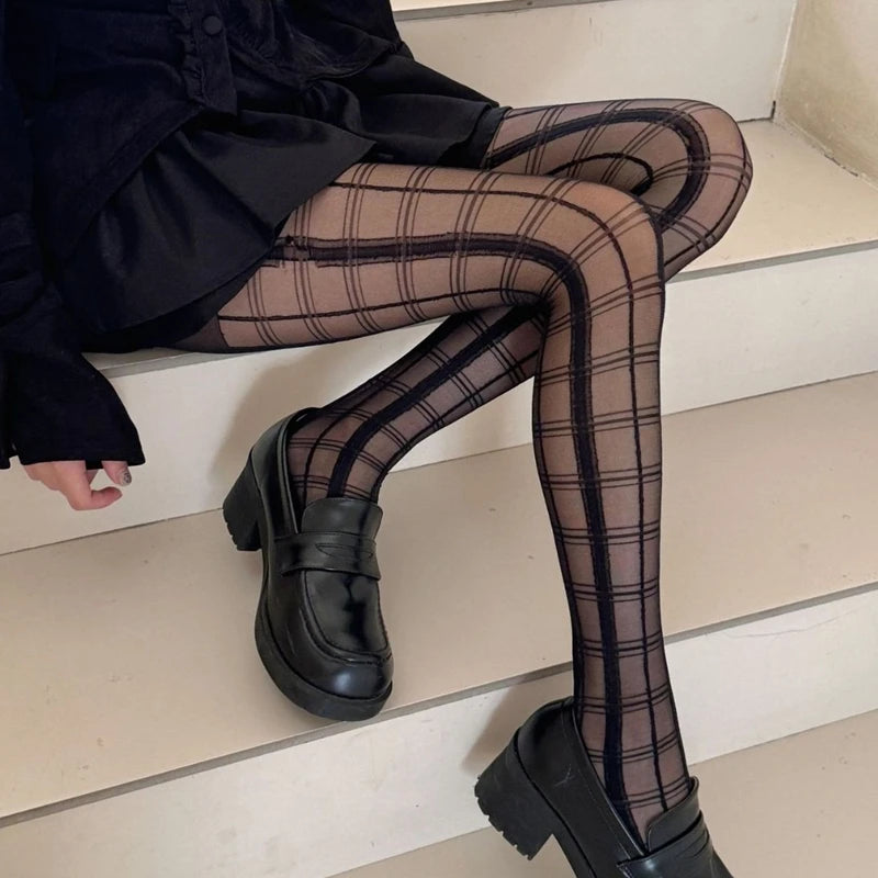Lbsfy Black Plaid Pattern Stretchy Tights JK Ultra-thin Pantyhose Women's Stockings Ladies Party Club Slimming Socks Underwear
