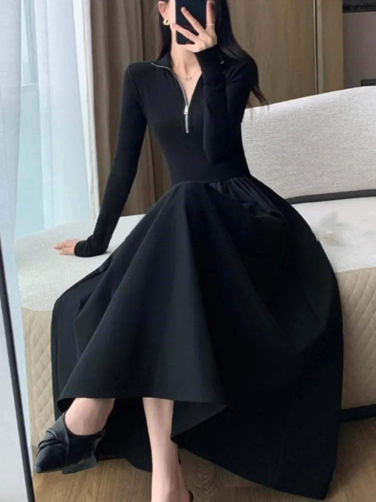 LBSFY -Vintage Elegant Solid Knitted Midi Dresses Women Korean Casual Long Sleeve Slim A-Line Black Birthday Party Robe Autumn Clothing