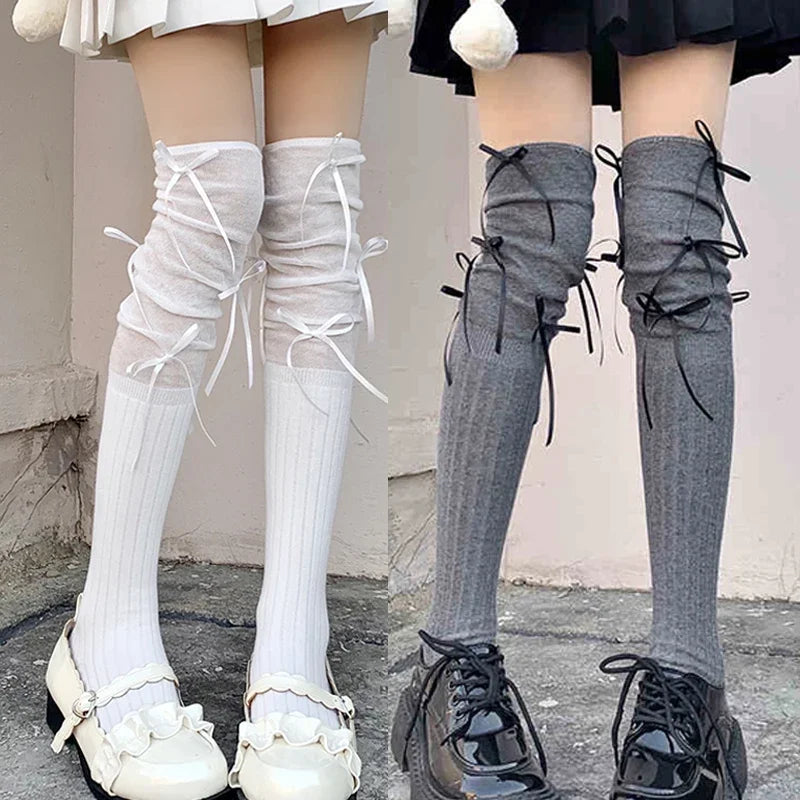 Lbsfy Lolita Long Socks Women Bandage Ribbon Bow Sweet Girls Kawaii Cute Middle Tube Socks Ballet Style Solid Color Black White Socks