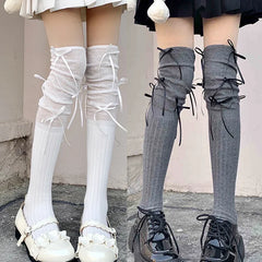 Lbsfy Lolita Long Socks Women Bandage Ribbon Bow Sweet Girls Kawaii Cute Middle Tube Socks Ballet Style Solid Color Black White Socks