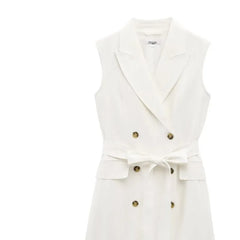 LBSFY -Fashion Simple Slim Fit Blended Short Dress Elegant Solid Color Lapel Summer Dress With Belt Dresses Bouble Breasted Dress