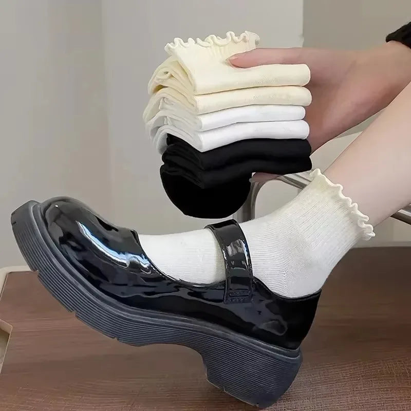 Lbsfy 1/3pairs Cute Cotton Ruffles Ankle Sock Women Autumn Black White Middle Tube Breathable Japanese Sock Lolita Kawaii Korean Stock