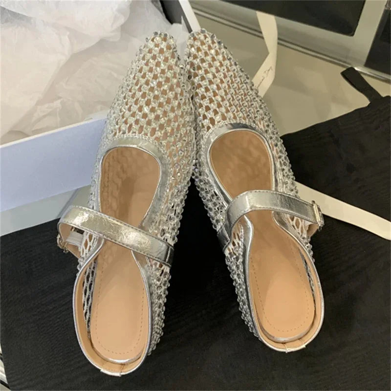 LBSFY -Mesh Hollow Out Buckle Strap Mules Slippers Women Elegant Fashion Pointed Toe Square Low Heels Shoes