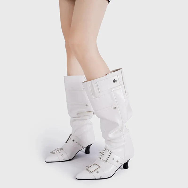 LBSFY  -  Star style Fashion Pointed toe Belt Buckle Metal Rivet Women Knee High Boots Autumn Winter Patent Leather High Heels Boots Shoes