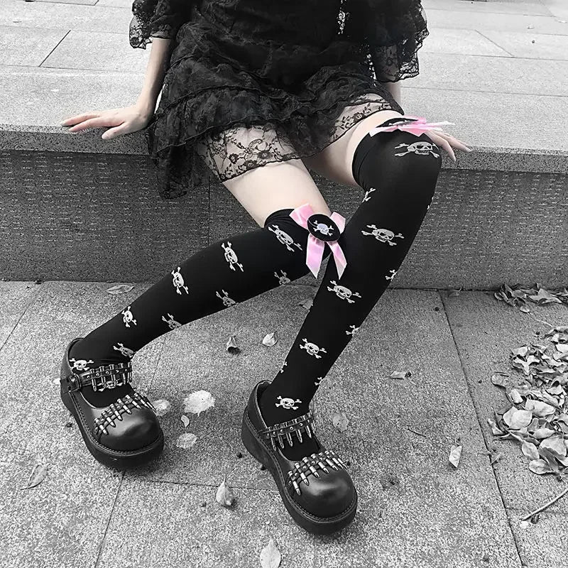 Lbsfy Skull Stockings Gloves Set Punk Women Harajuku Dark Gothic Y2K Long Socks Knee Lolita Girls High Socks Cosplay Accessories