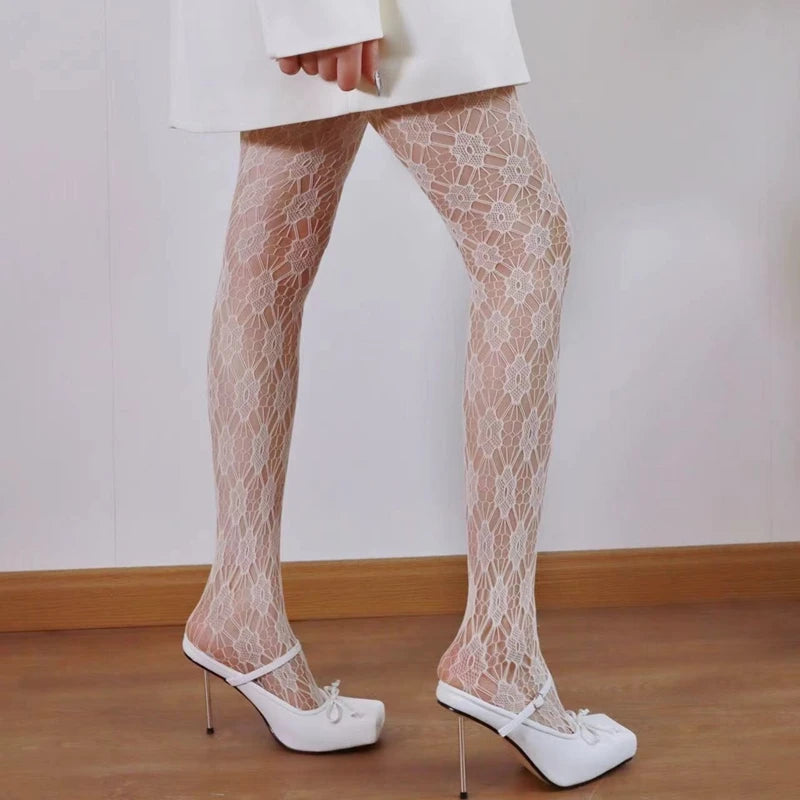 Lbsfy Purple Flowers Fishnet Pantyhose Ladies Lace Sexy Hollow Out Stockings Summer Spring Floral Argyle Fashion Tights Mesh Legging