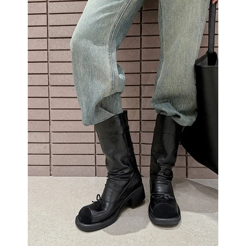 LBSFY  -  Fashion Short Boots Women New High Quality Genuine Leather Boots Splicing Round Head Belt Buckle Mid Top Boots Calf Boots