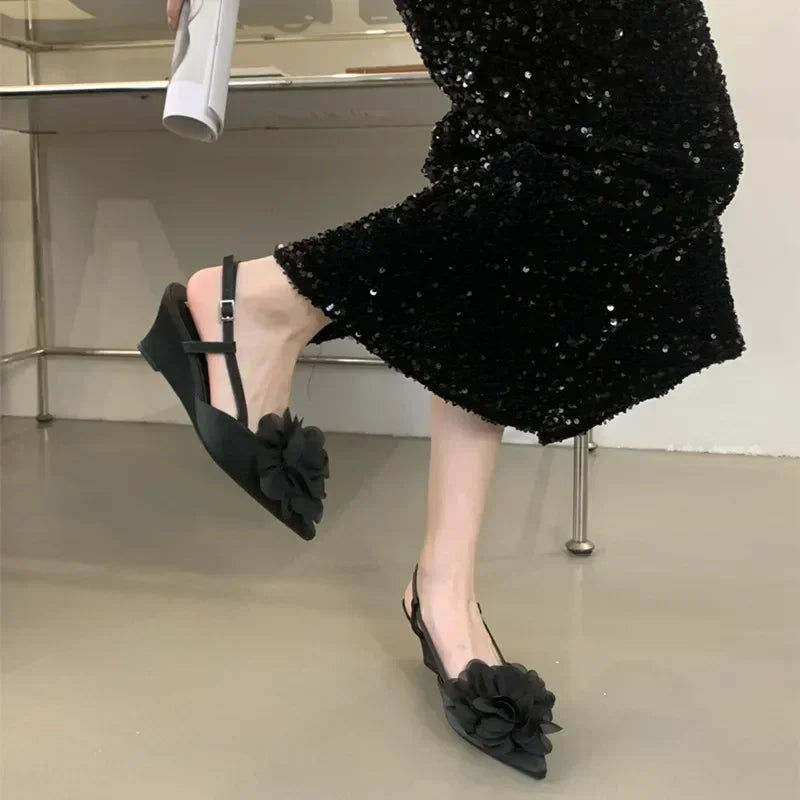 Lbsfy Luxury Designer Elegant Sandals Woman Summer Flower Buckle Strap Pumps Women Sexy Pointed Toe Wedge Heels Fashion Mule Shoe