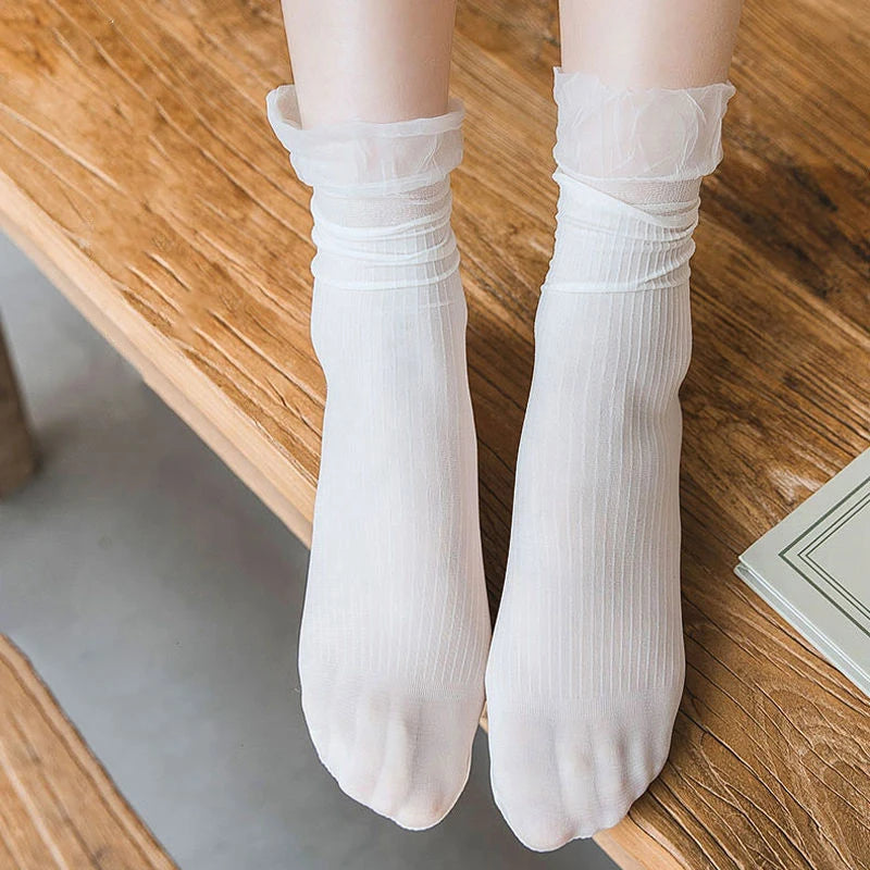 Lbsfy 5Pairs Transparent Lace Frilly Ruffle Socks Women Girls Velvet Ultra-thin Long Sock Summer Harajuku Hollow Out Sox Hosiery