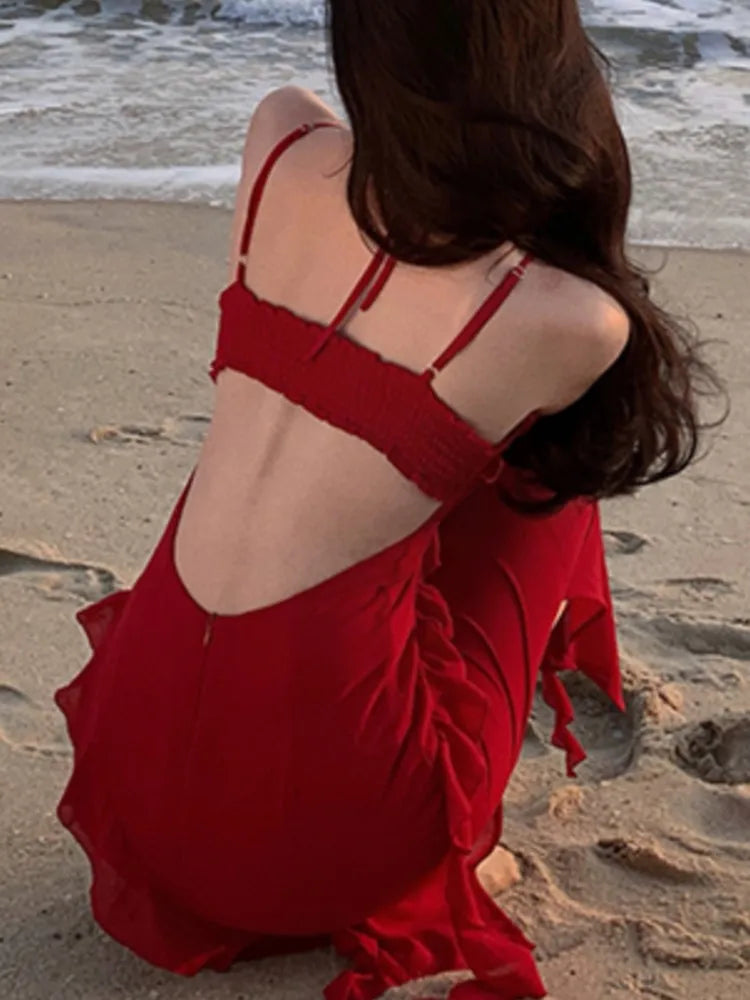 LBSFY -Women French Style Elegant Vintage Red Ruffles Party Dresses Slim A-Line V-Neck Wedding Evening Dress Spring Summer New 2025