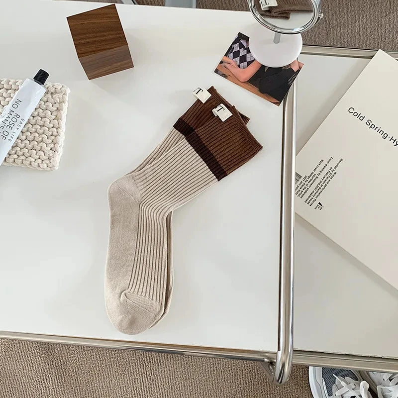 Lbsfy Fashionable and versatile Contrast colored socks women's high top pile up socks Korean version of spring/summer cotton socks