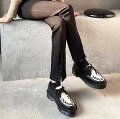 LBSFY  -  Girls Black White Patchwork Checkered Grid Thick Sole Loafers Shoes Women Round Toe Lace Up Height Increasing 6 CM Heels Pumps
