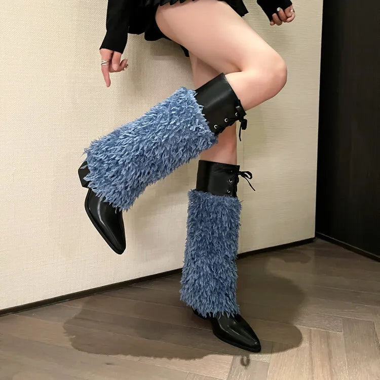 LBSFY  -  2024 White Plush Boots Fashion Frenum Knee Length Pointed Boots 6cm Thick Heel Chelsea Boots 34-46 Auto Show Model Women's Shoes