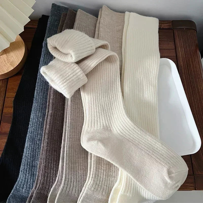 Lbsfy Soft Wool Long Socks Women Autumn Winter Cashmere Solid Knitted Stocking Skinny Casual Knee High Fluffy Warm Thicken Girls Socks