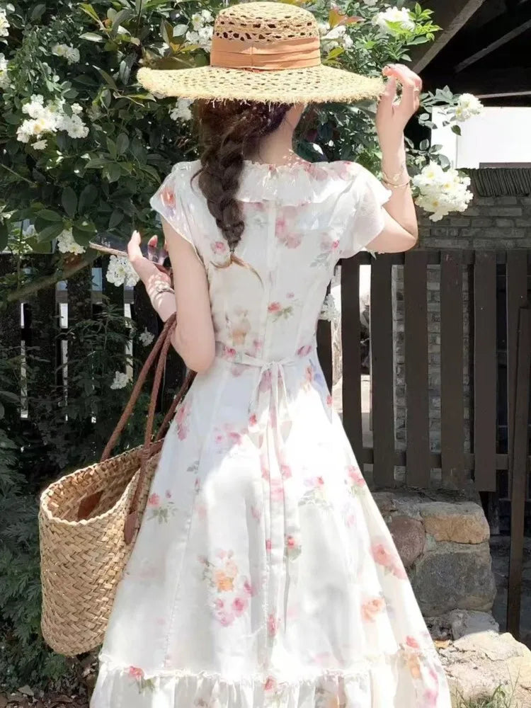 LBSFY -Fairy French Print Women's Dresses Roamntic Elegant Zipper Lace Up New Ruffles Slim Fit Folds Mejur Dress Summer Fashion Vestido