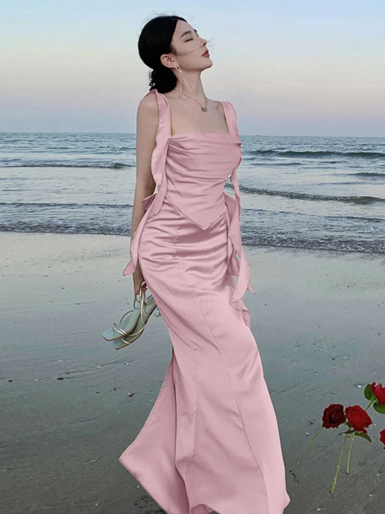 LBSFY -Sweet Pink Backless Womens Dresses Sexy Spaghetti Strap Sleeveless Wedding Evening Dress Elegant Gown Female Split Vestidos New