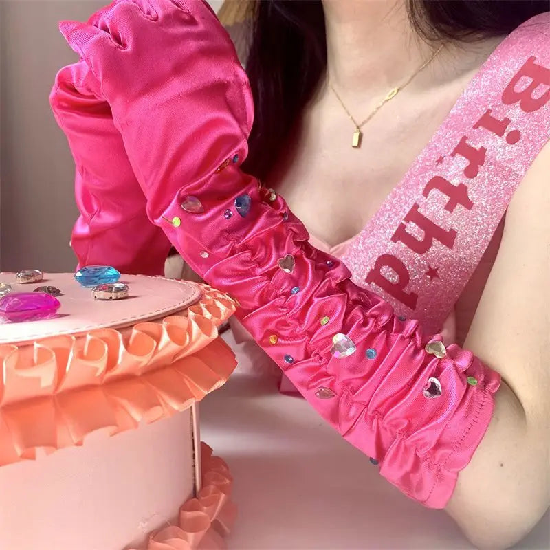 Lbsfy Sweet Bow Glove Diamond Birthday Party Decoration Photography Prop Y2K Girl Silk Sleeve Japanese Arm Cover Satin Arm Sleeve
