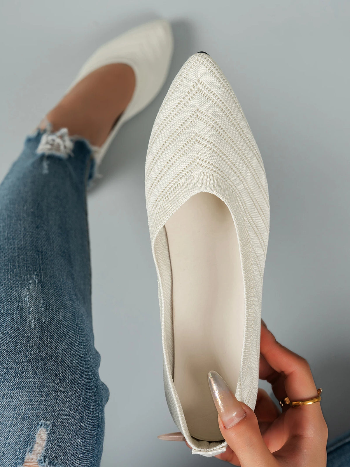 LBSFY -Women's Pointed Toe Flat Shoes Solid Color Knitted Slip on Shoes Casual Breathable Ballet Flats Women Loafers Shoes