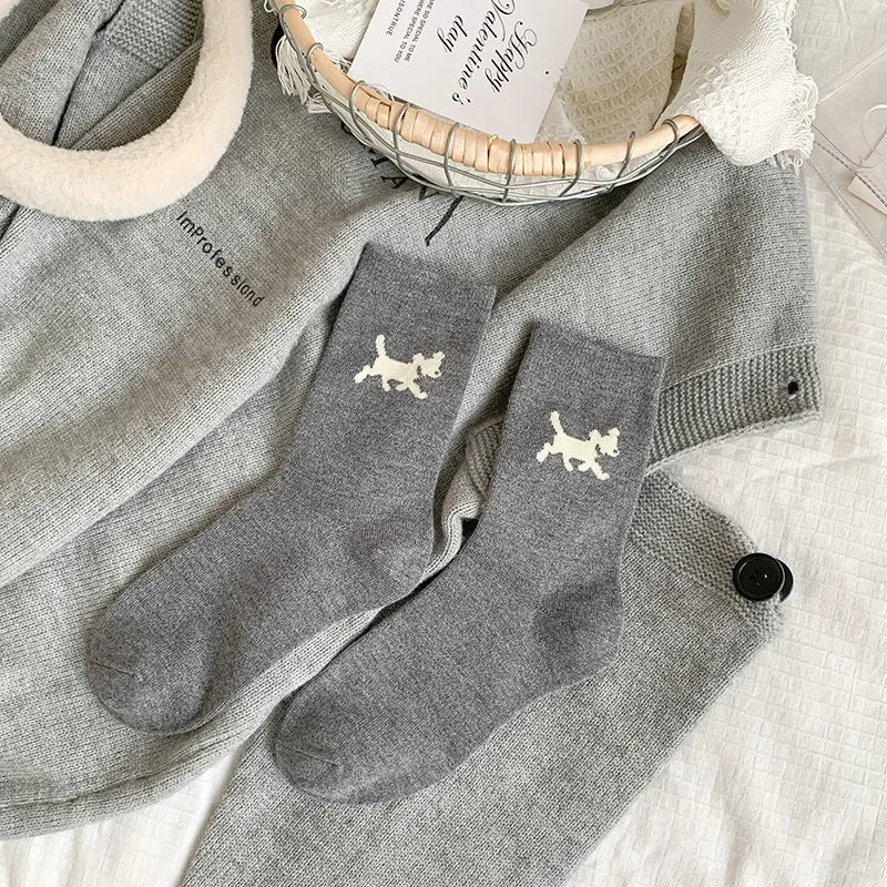 Lbsfy Women's High-quality Combed Cotton Socks Cartoon Pattern Funny Cat Puppy Cute Fashion Striped Mid-calf Socks