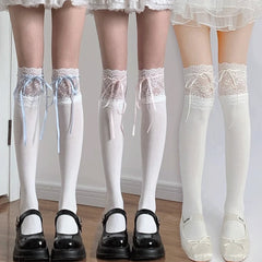 Lbsfy Thigh High Socks Knit Lace Bowknot Autumn and Winter Thick Leg Warmers Stockings White Black Lolita Cute Over the Knee Socks