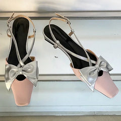 Lbsfy Sweet Butterfly-knot Low Heel Mules Women Shallow Elegant Dress Shoes Female Comfy Cross-tied Square Toe Slingback Sandals Women