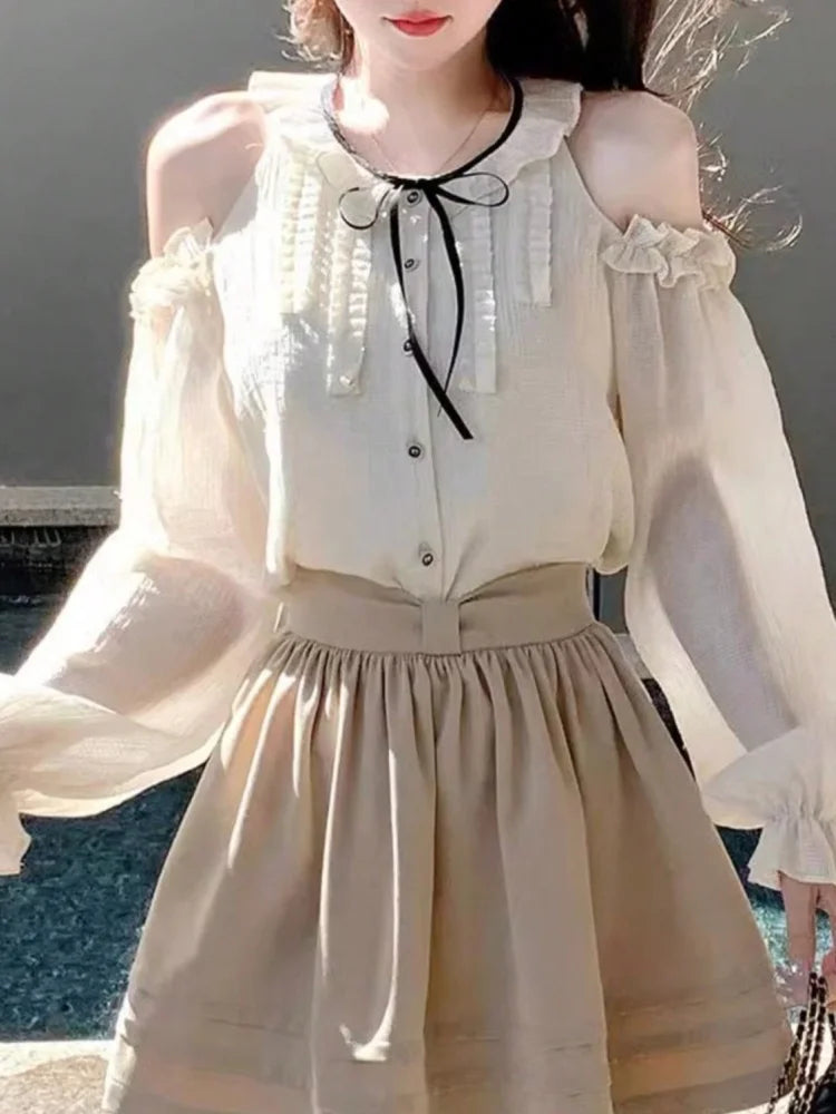 LBSFY -Women Fashion Elegant Casual Blusas Mujer Long Sleeve Webbing Tops O-neck Ruffles Bandage Lace Up Summer Sweet Chic 2025 Clothes