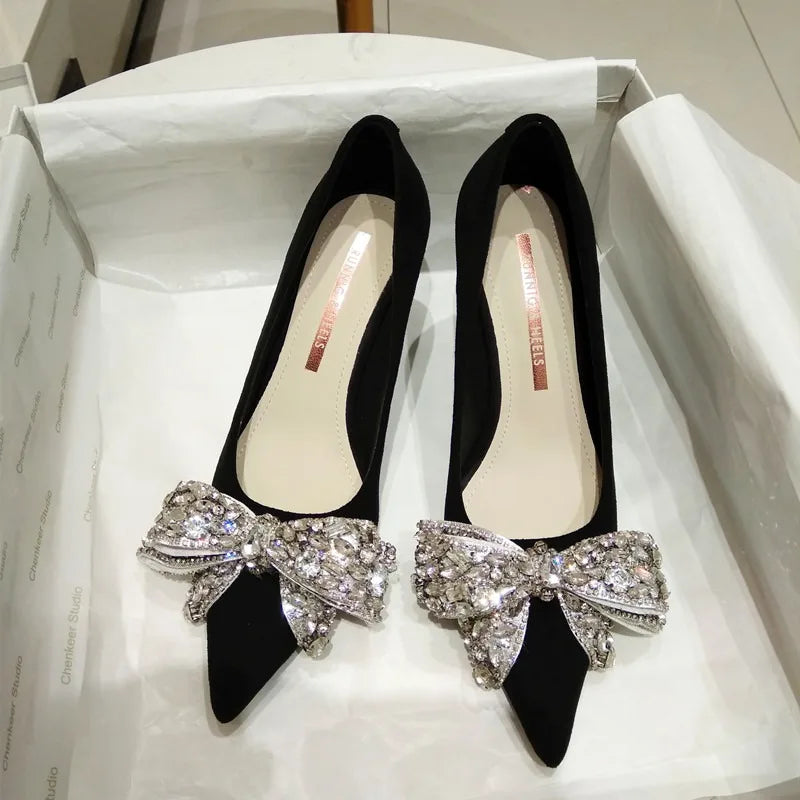 LBSFY -New Fashion Bowknot Pointed Toe High Heels Pumps Women's Stiletto White Pearl Bridal Wedding Shoes Banquet Party Dress Shoes