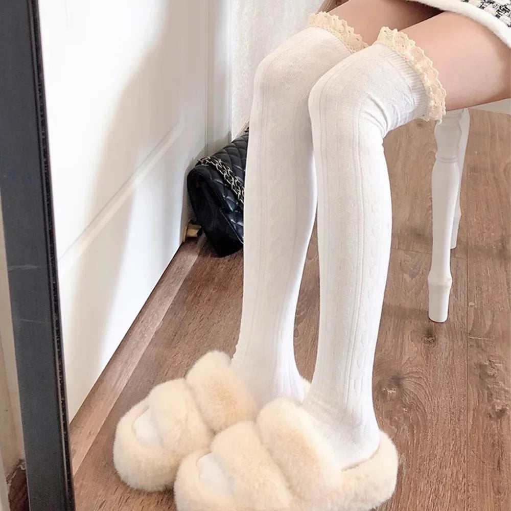 Lbsfy Lolita Lace Up Long Knee Socks for Women Over Knee Thigh High Stockings Spring Autumn Fashion Girls Warm Sexy Cotton JK Tights