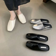 LBSFY - Autumn Women Flat Slipper Ladies Square Toe Slip On Ladies Casual Mules Shoes Flat Heel Outdoor Dress Sandal Shoes