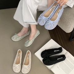 LBSFY -Summer Fashion Concise Round Head  Women Ballet Flats Low Heels Bow Mesh Party Slide Mules Casual Shoes Zapatos De Mujer