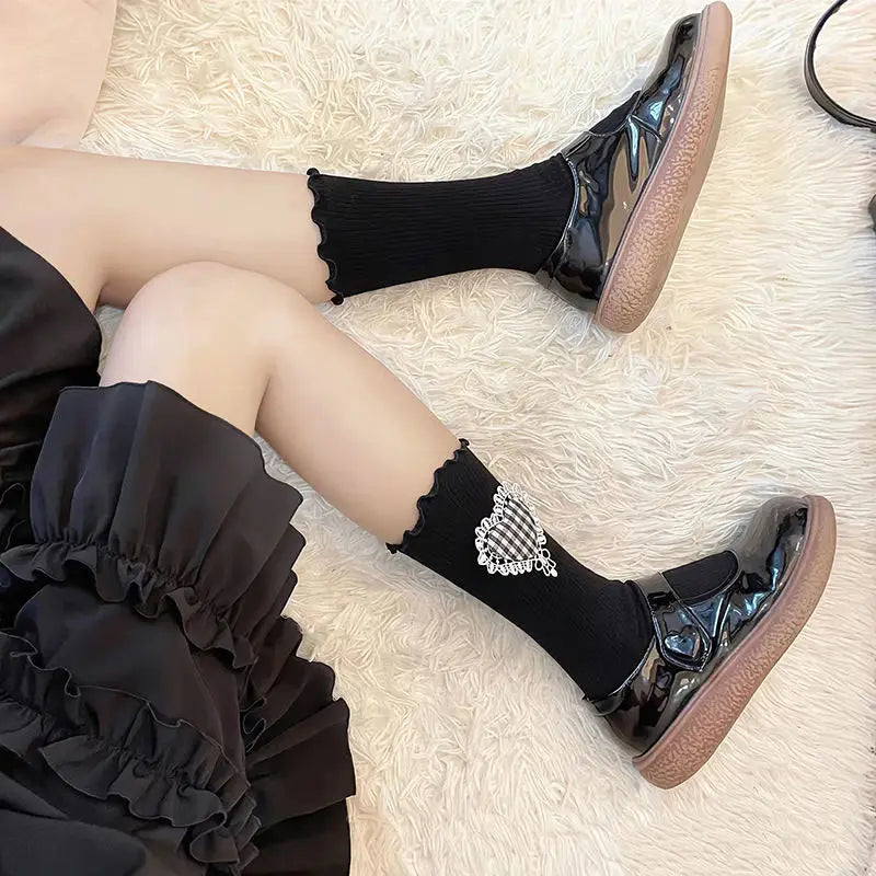 Lbsfy Socks Women Cotton Lolita Harajuku White Black Students Lovely Cute Kawaii Ruffle Calf Sock Love Female Grid Girls Gift Stocking