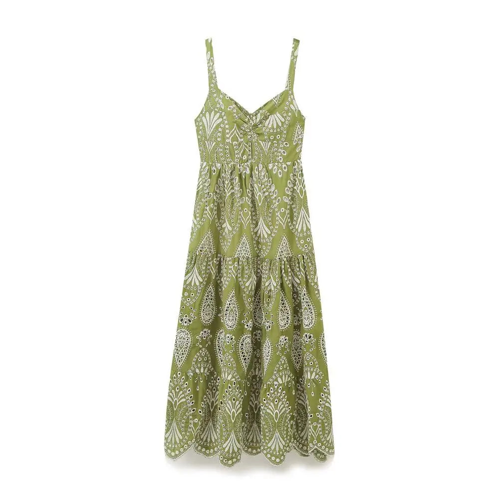 LBSFY -Fashion Casual Hollow Out Embroider Suspender Dress Bohemian Ethnic Style A-line Long Dress Chic Vacation Beach Dress 2025 New