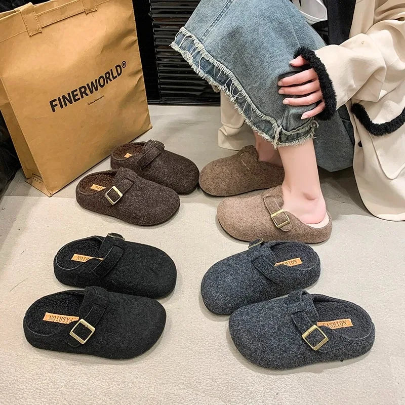 LBSFY -Fashion Women Slippers Mules Fur Women Shoes Winter Buckle Flats Platform Walking Plush Ladies Slides Casual Warm Indoor Boots