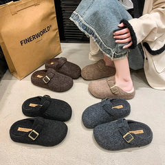 LBSFY -Fashion Women Slippers Mules Fur Women Shoes Winter Buckle Flats Platform Walking Plush Ladies Slides Casual Warm Indoor Boots