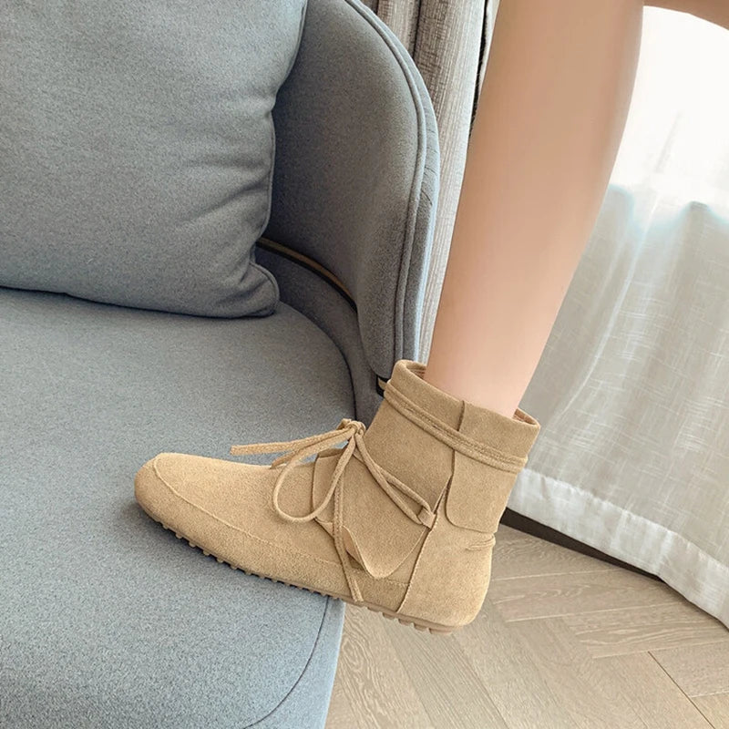 LBSFY  -  Autumn Boots Women Cow Suede Leather Shoes for Women Round Toe Low Heel Women Boots Elegant Narrow Band Short Boots botas mujer