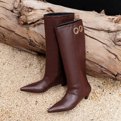 LBSFY  -  2025 New Genuine Leather Knee High Boots Women Pointed Toe Mid Heels Autumn Winter Modern Boots Ladies Shoes