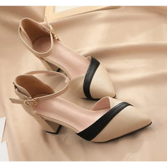 LBSFY -Women's Classic Beige Square Heel Pointed Shoes for Party Ladies Spring Summer Black Buckle PU Leather Profession Pumps