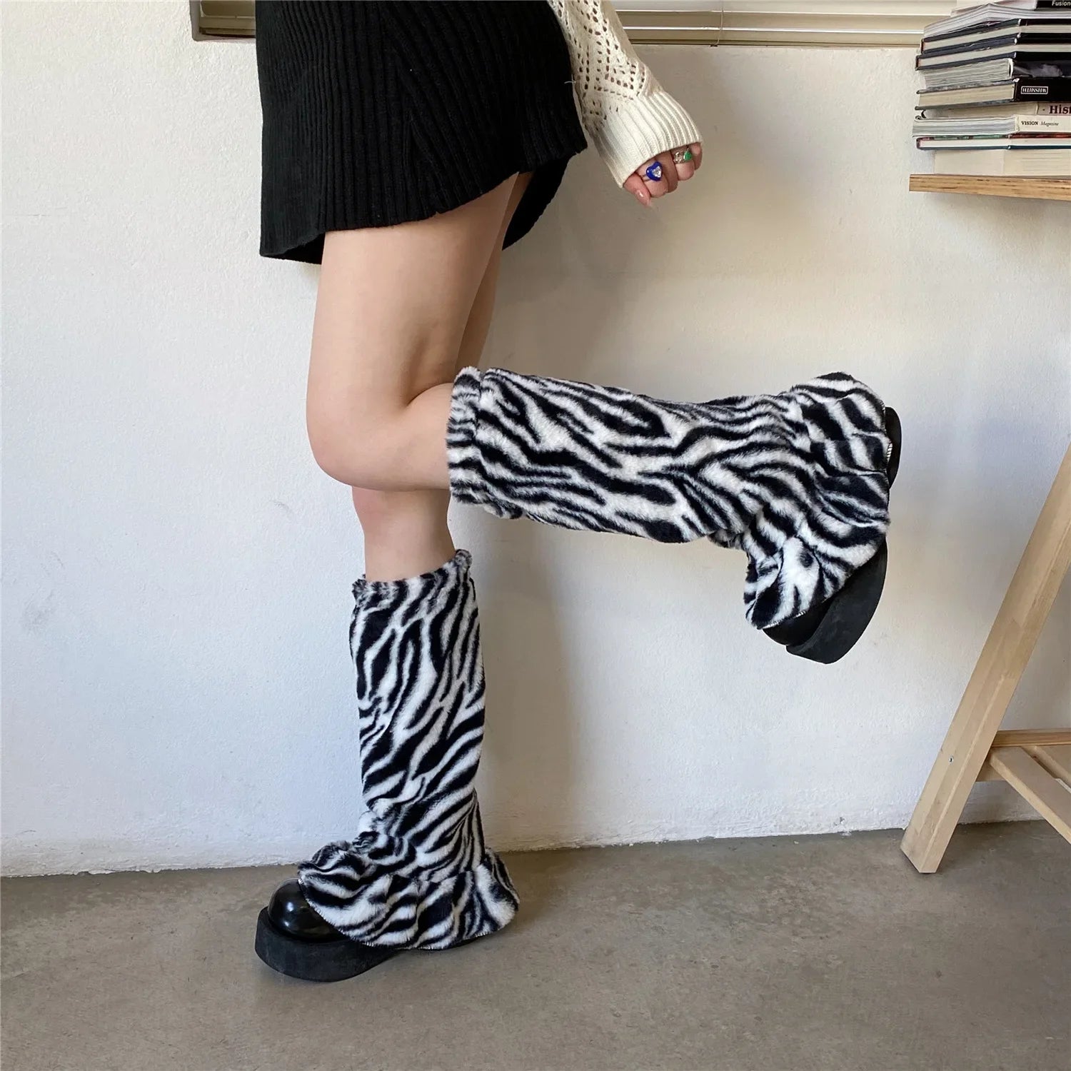 Lbsfy Winter Fur Leg Warmers Y2K Zebra Pattern Socks Harajuku Boot Cuffs Long Warmer Lolita Socks Boho Sock Sets Thigh Garter Socks