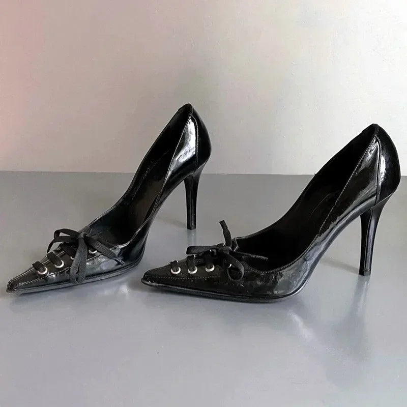 Lbsfy Fashion Bow Tie Design Leather Women Pumps Sexy Pointed Toe Thin High Heels Elegant Banquet Dress Mules Shoes Zapatos De Mujer