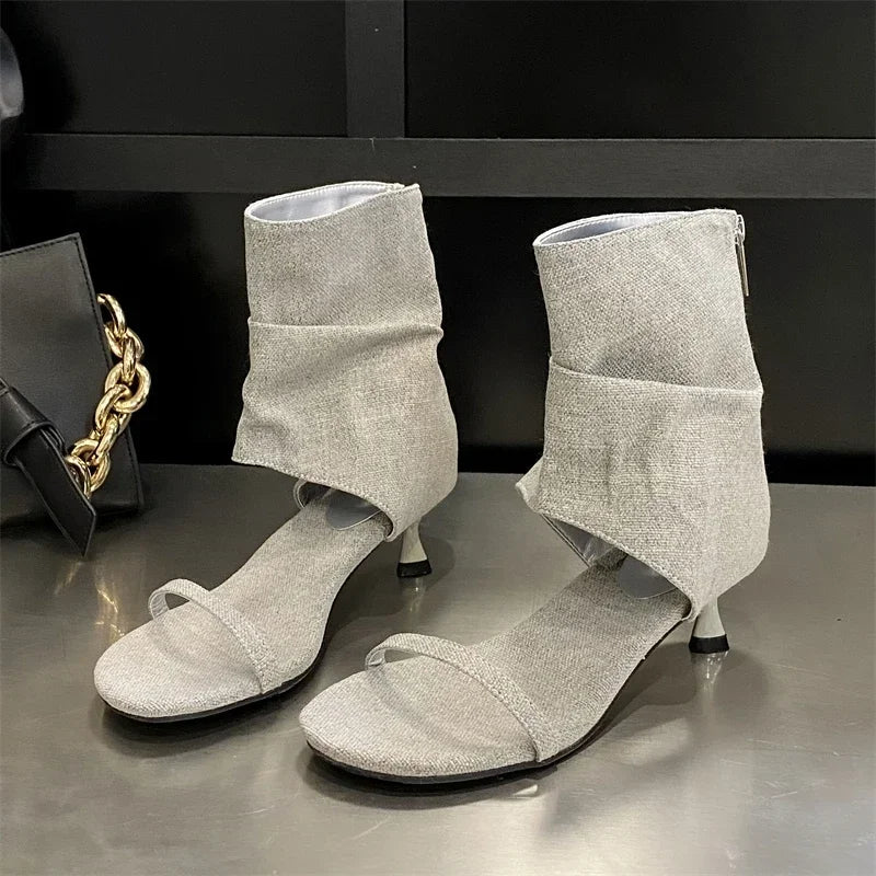 LBSFY -New Open Toe Clip-On Denim Women's Boots Sandal Pleated Low Thin Heels Concise Booties Shoes