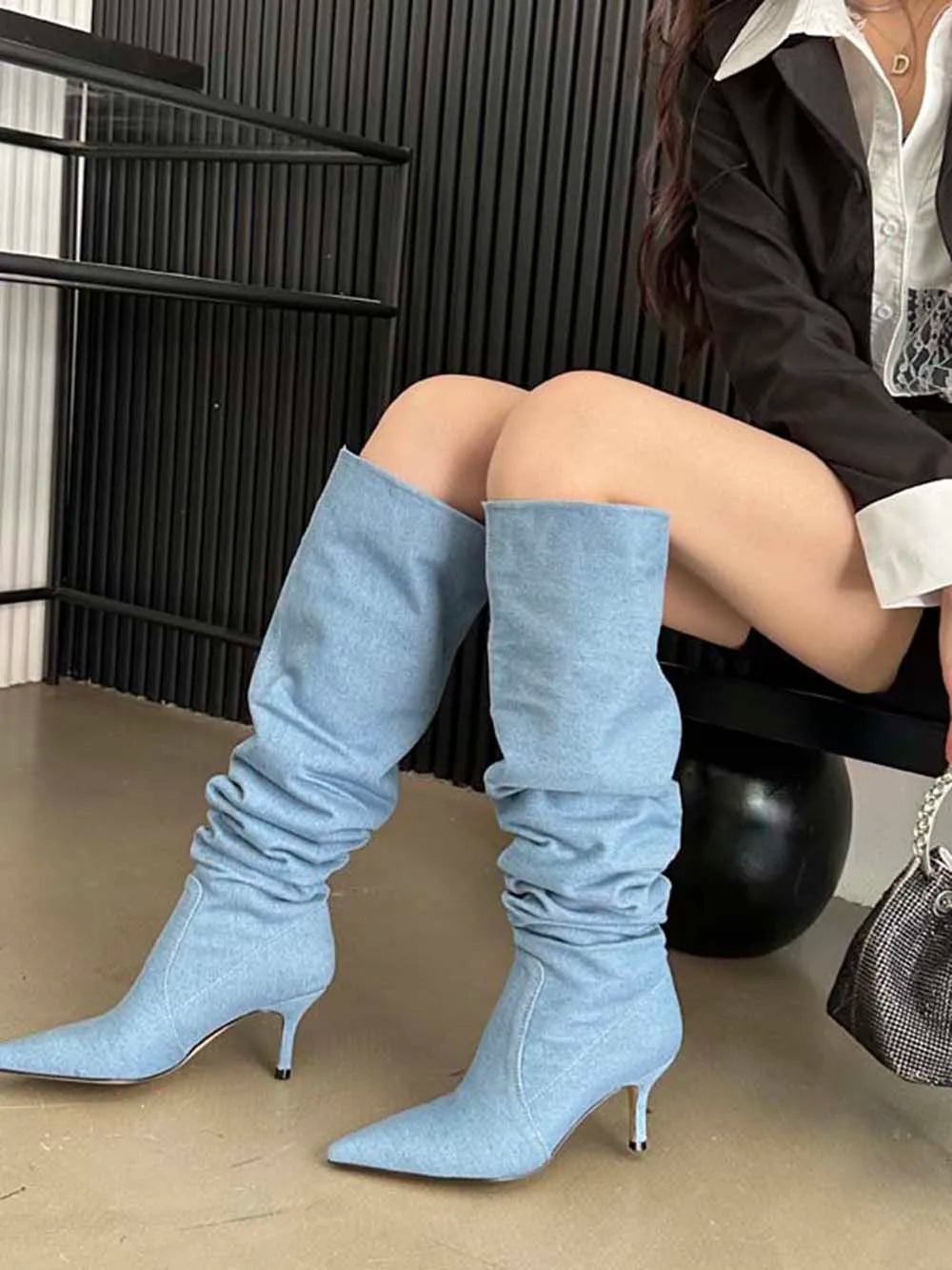 LBSFY  -  Sexy Women Over The Knee Boots Chelsea Booties Pointed Toe Blue Black White Denim Cloth Winter Dress Shoes Slip On Autumn Boots