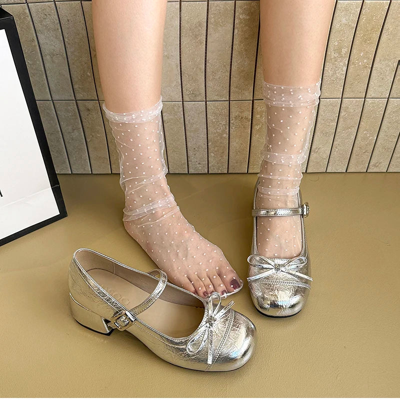 LBSFY -Ballet Style Butterfly-knot Mary Jane Shoes for Women Concise Dress Thick Heel Ladies Footwear