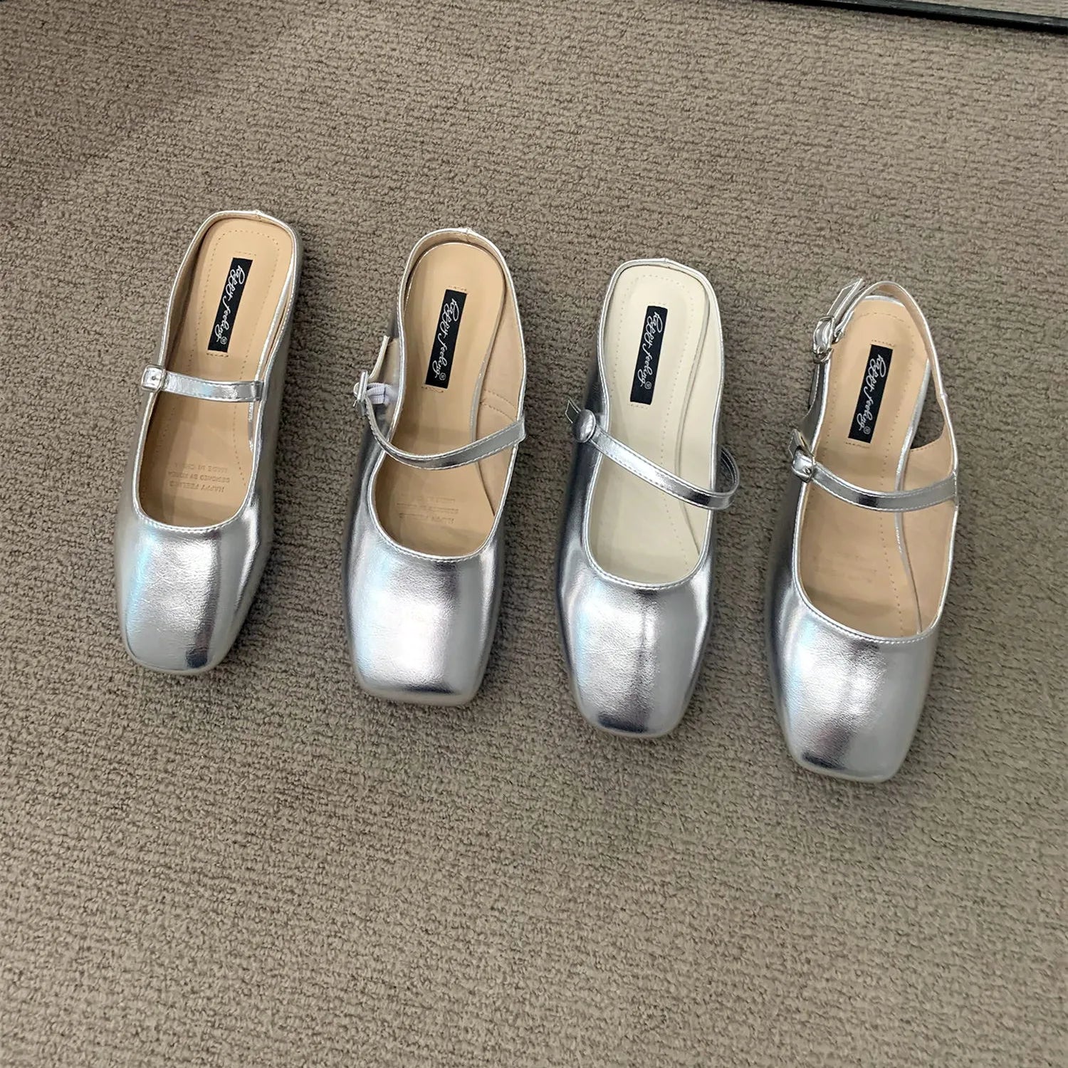 LBSFY -Women Fashing Silver Slippers Ballet Flats Shoes Square Toe Shallow Slip On Ladies Sandals Soft Slides Zapatos Mujer 40