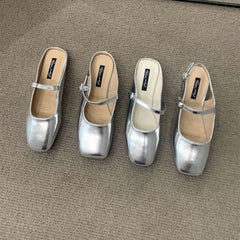 LBSFY -Women Fashing Silver Slippers Ballet Flats Shoes Square Toe Shallow Slip On Ladies Sandals Soft Slides Zapatos Mujer 40