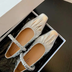 LBSFY  -  Fashion Pleated Mary Jane Women Flats Shoes Square Toe Shallow Slip On Ladies 2024 Autumn Silvery Soft Ballet Slingback Shoes