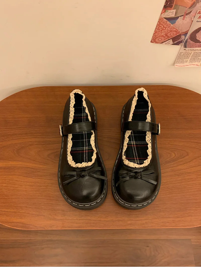LBSFY -Butterfly-knot Lolita Women Leather Shoes Shallow Round Toe Ladies Concise Outdoor College Style Mary Jane Shoes