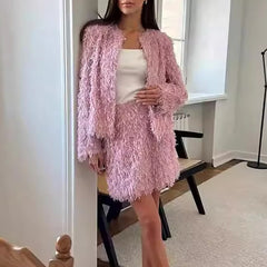 LBSFY  -  New Year Long Sleeve Jackets&Wrap Hip Skirts Suit Women Elegant Tassel Design Party Club Outfits Winter Female Solid 2Pcs Set