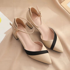 LBSFY -Women's Classic Beige Square Heel Pointed Shoes for Party Ladies Spring Summer Black Buckle PU Leather Profession Pumps