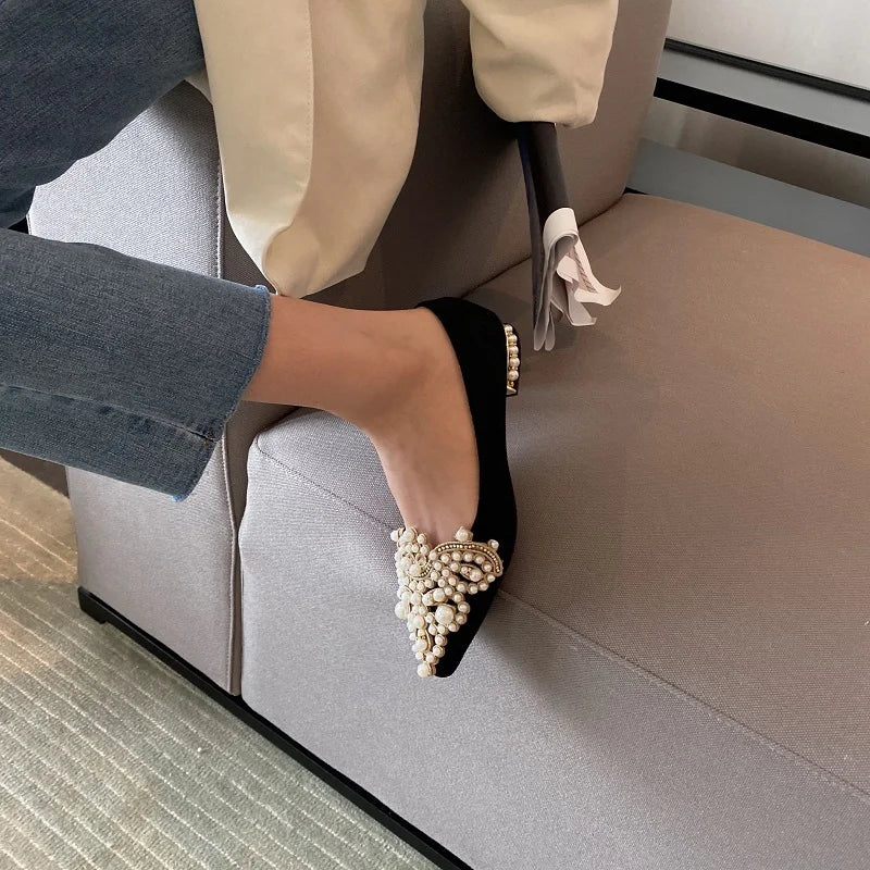 LBSFY -Black New Crown Pearl Flats Women Wedding Shoes Pointed Toe Female Dress Moccasins Low Pearl Heel Ladies Fashion Luxury Style 43